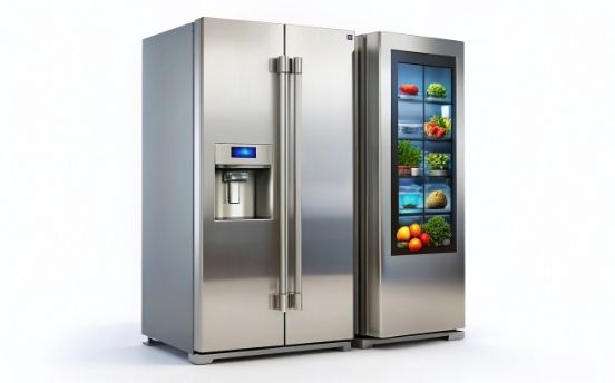 Stainless steel side-by-side refrigerator with a touch screen, showcasing food inside the door.