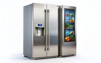 Stainless steel side-by-side refrigerator with a touch screen, showcasing food inside the door.