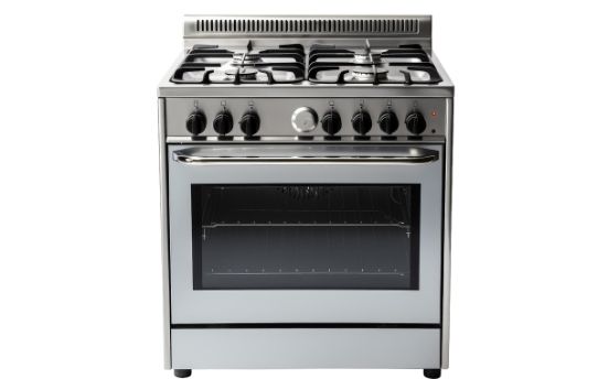 Stainless steel gas range with stovetop burners and oven.