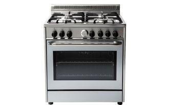 Stainless steel gas range with stovetop burners and oven.