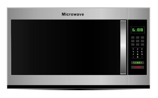 Silver microwave oven with digital display showing 6:00 and a control panel on the right side.