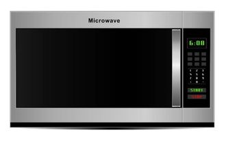Silver microwave oven with digital display showing 6:00 and a control panel on the right side.