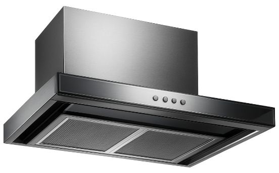 Range hood, stainless steel, over a stove, to remove smoke.