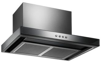 Range hood, stainless steel, over a stove, to remove smoke.