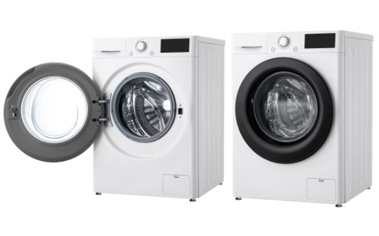 Two white front-load washing machines, one with the door open, showing the drum. The other has the door closed.