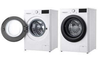 Two white front-load washing machines, one with the door open, showing the drum. The other has the door closed.