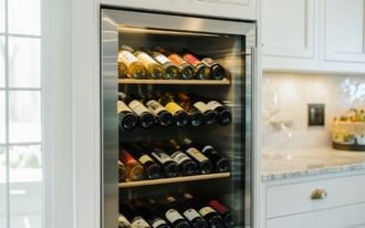 Wine bottles in a stainless steel refrigerator built into white cabinetry in a kitchen.