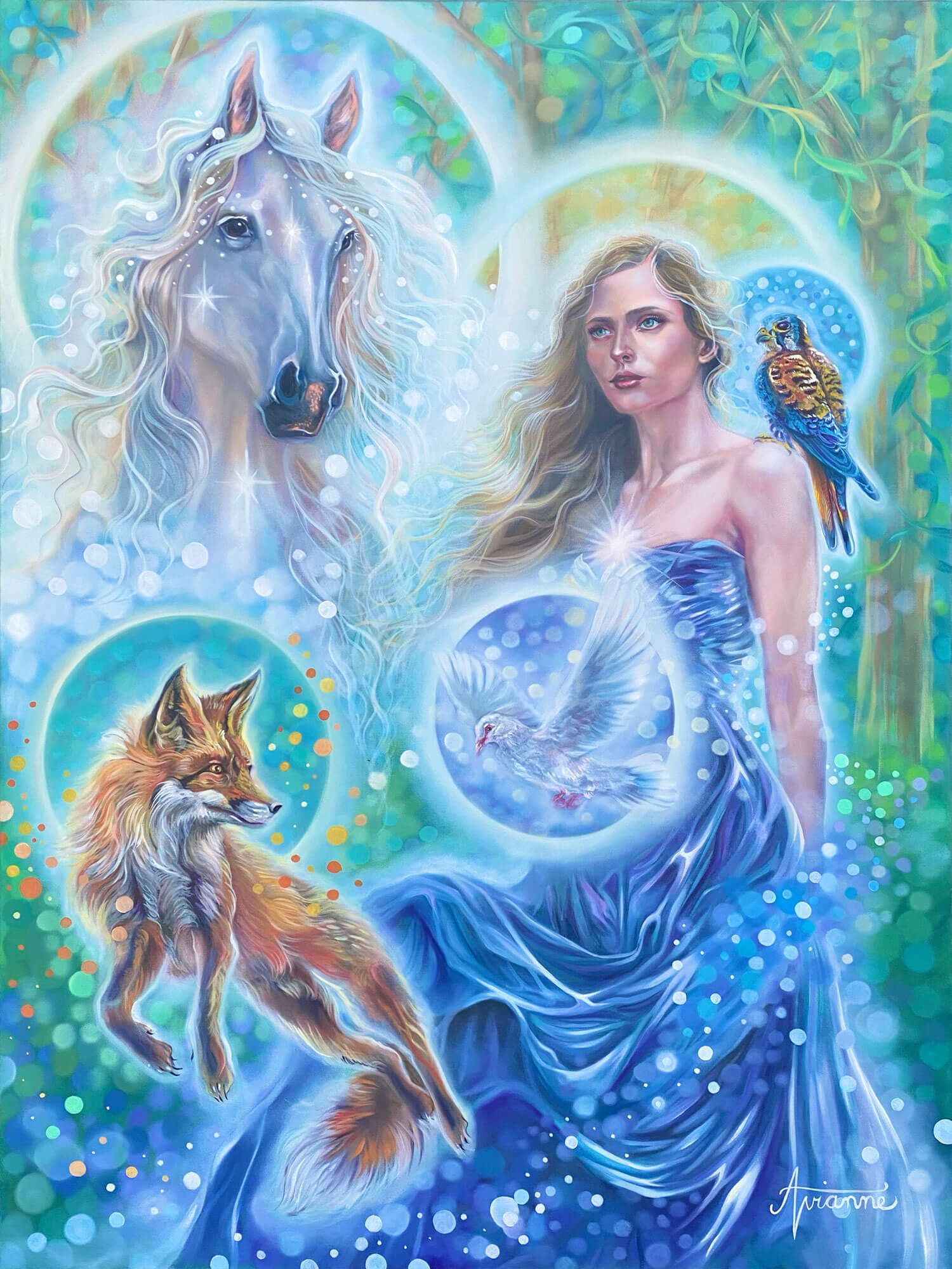 Avianne - Painting of Eve surrounded by a white horse, red fox, white dove, and American kestrel hawk. Setting in garden of Eden. Eve is wearing a blue draped dress.