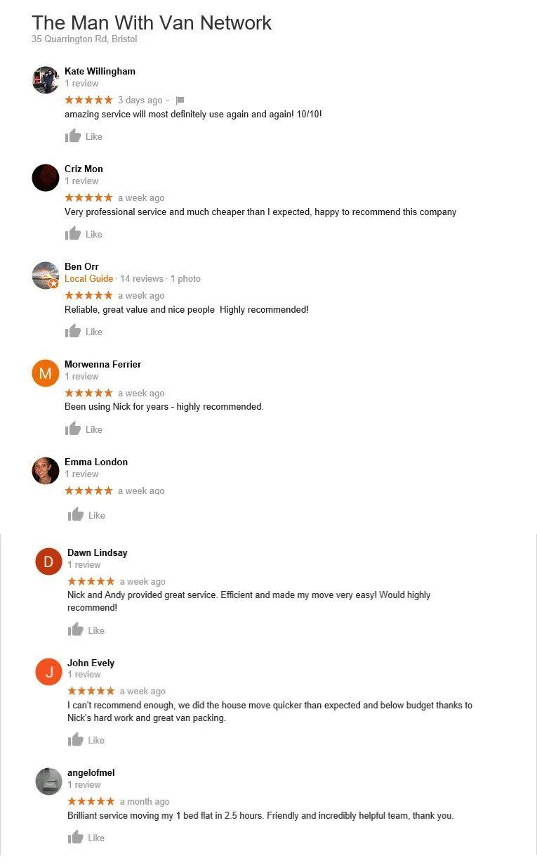 Google reviews provided by customers of The Man With Van Network Bristol