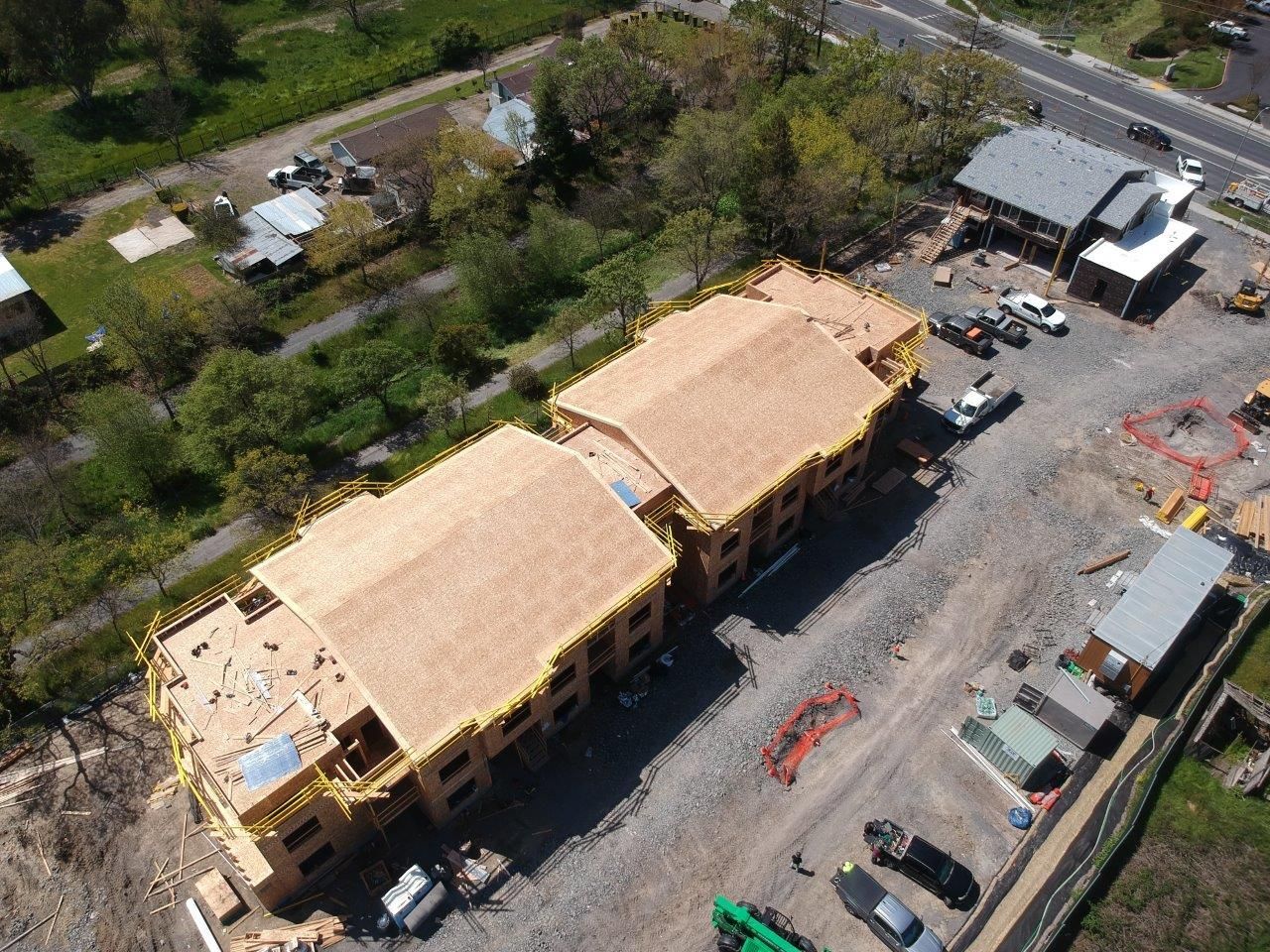 An aerial view of a building under construction.  | Oakland, CA  | Diablo Roofing
