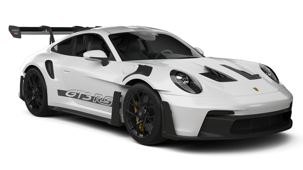 A white porsche 911 gt3 rs with a black wing on a white background.