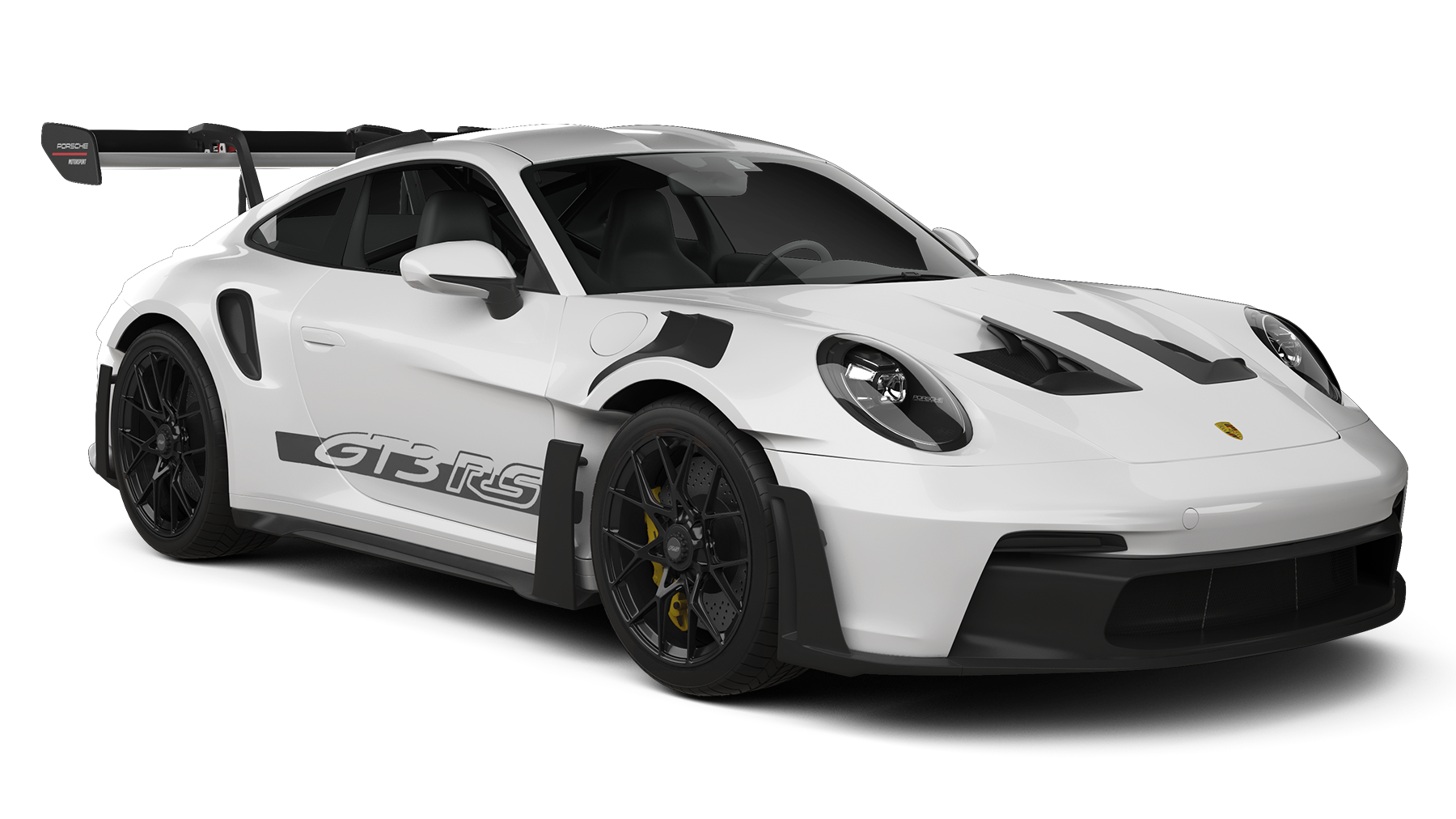 A white porsche 911 gt3 rs with a black wing on a white background.