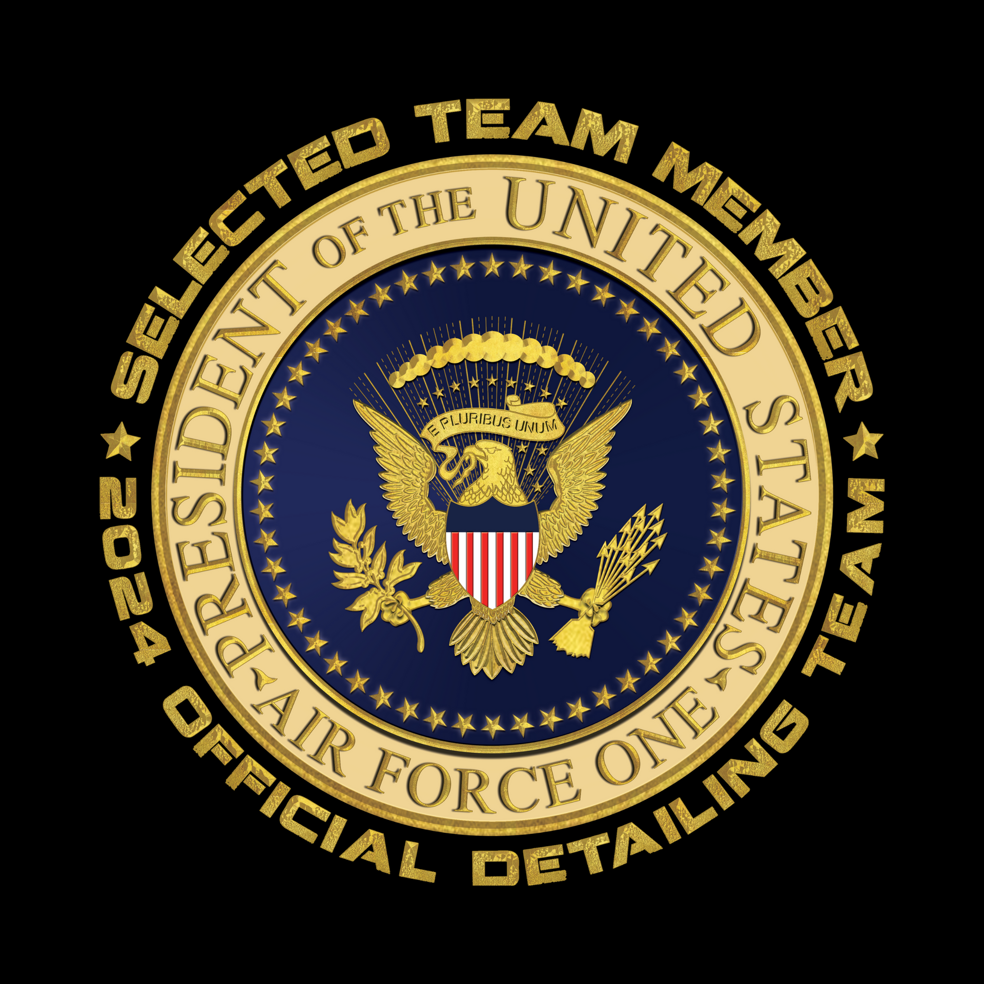 2024 Air Force One team member badge. Gold seal with eagle, stars, and text 