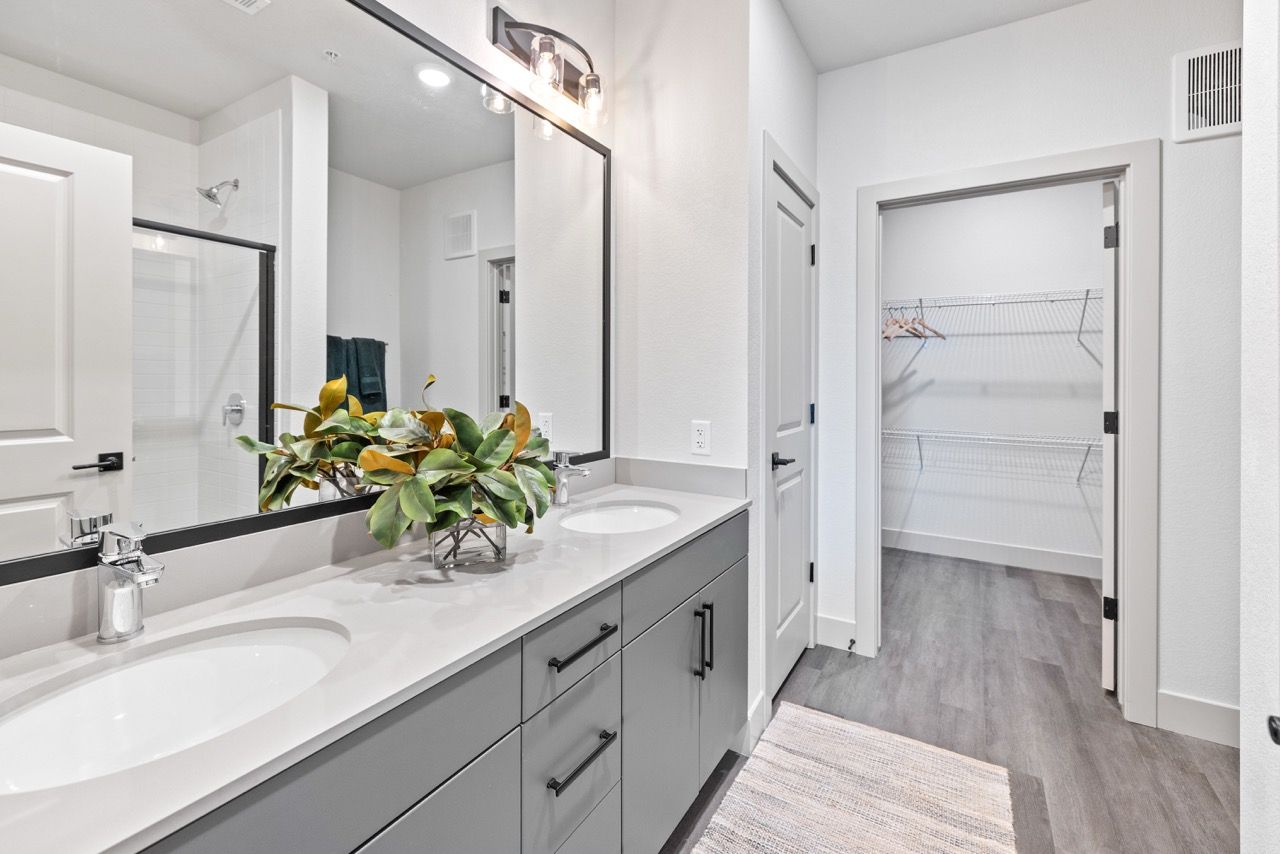 Modern bathroom with a double vanity and walk-in closet with wire shelving.
