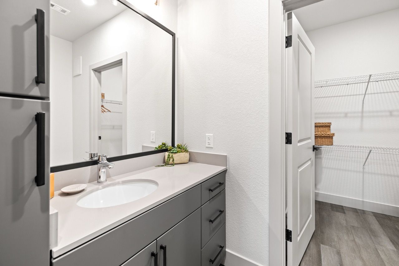 Bathroom vanity with sink, large mirror, and an open closet with wire shelving.