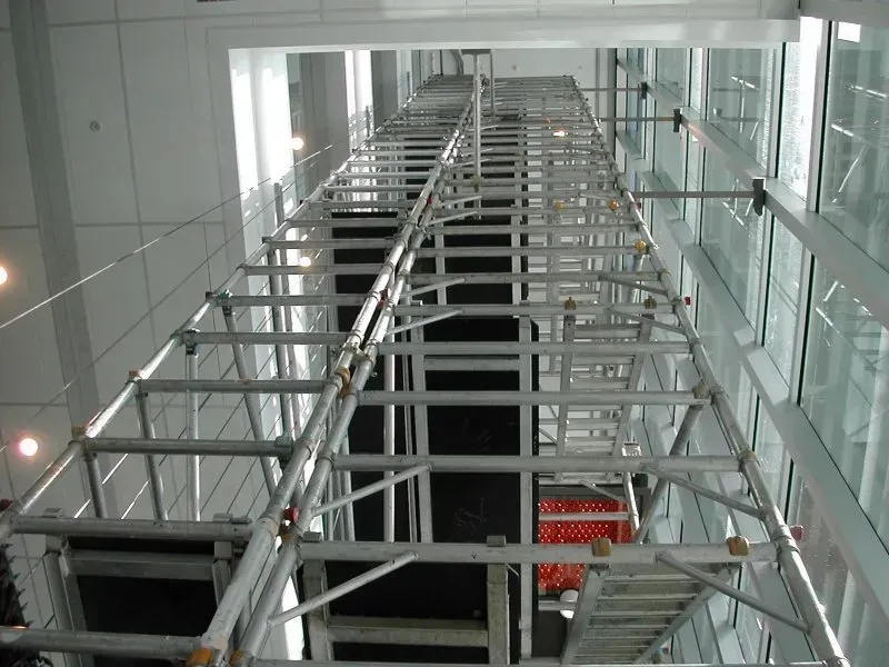 Looking up at a scaffolding structure in a building