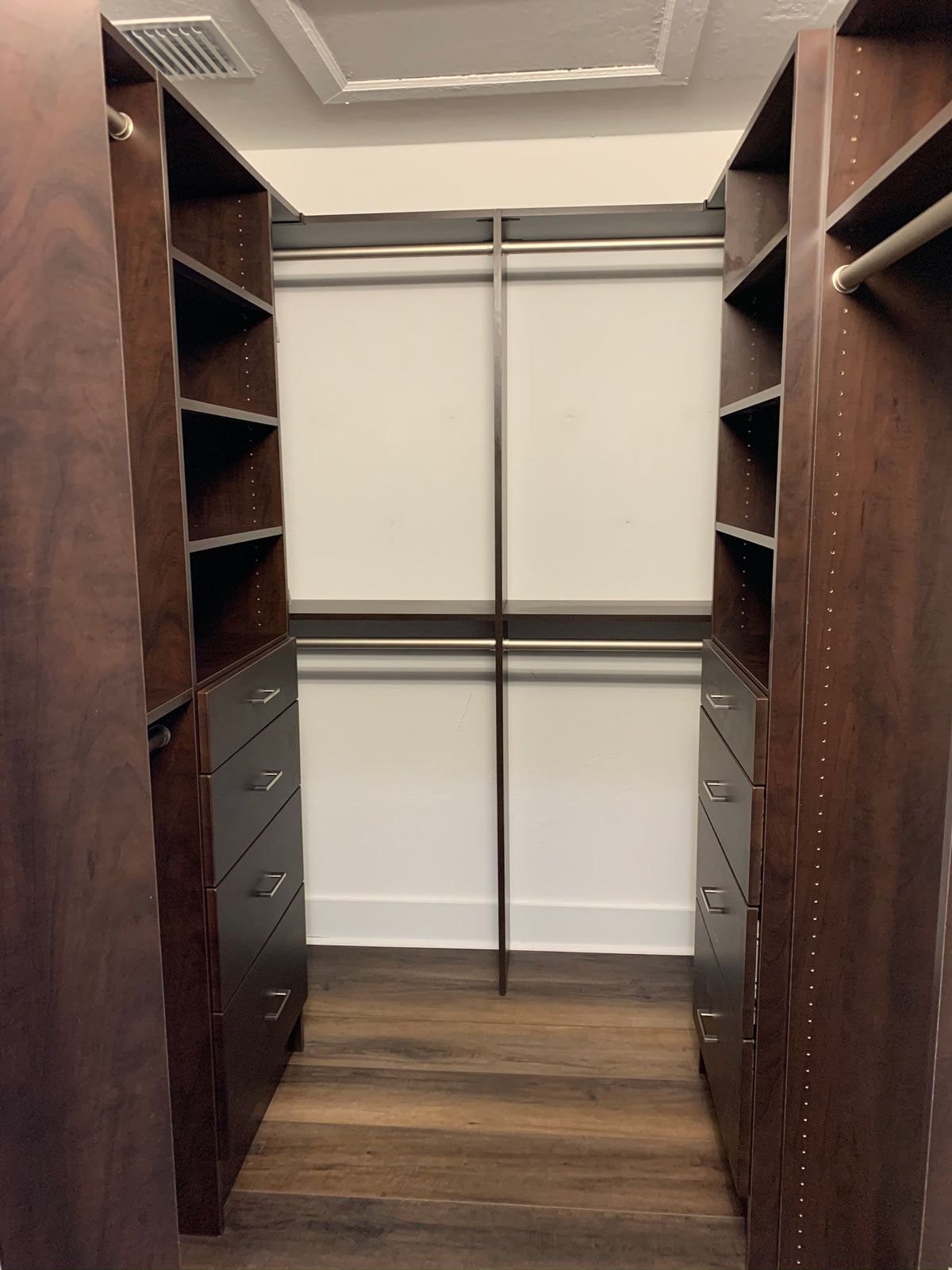 Chocolate Pear Closet System with Satin Nickel Hardware & Modern Drawer Fronts