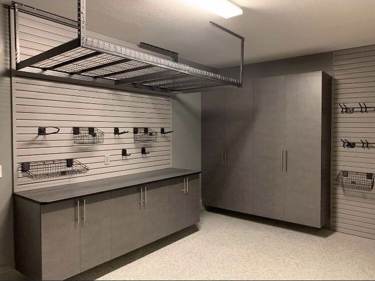 Custom Garage Cabinet System With Slatwall Organizers & Epoxy Garage Flooring