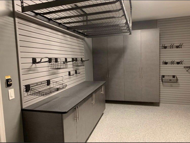 Custom Garage Cabinet System With Slatwall Organizers & Epoxy Garage Flooring