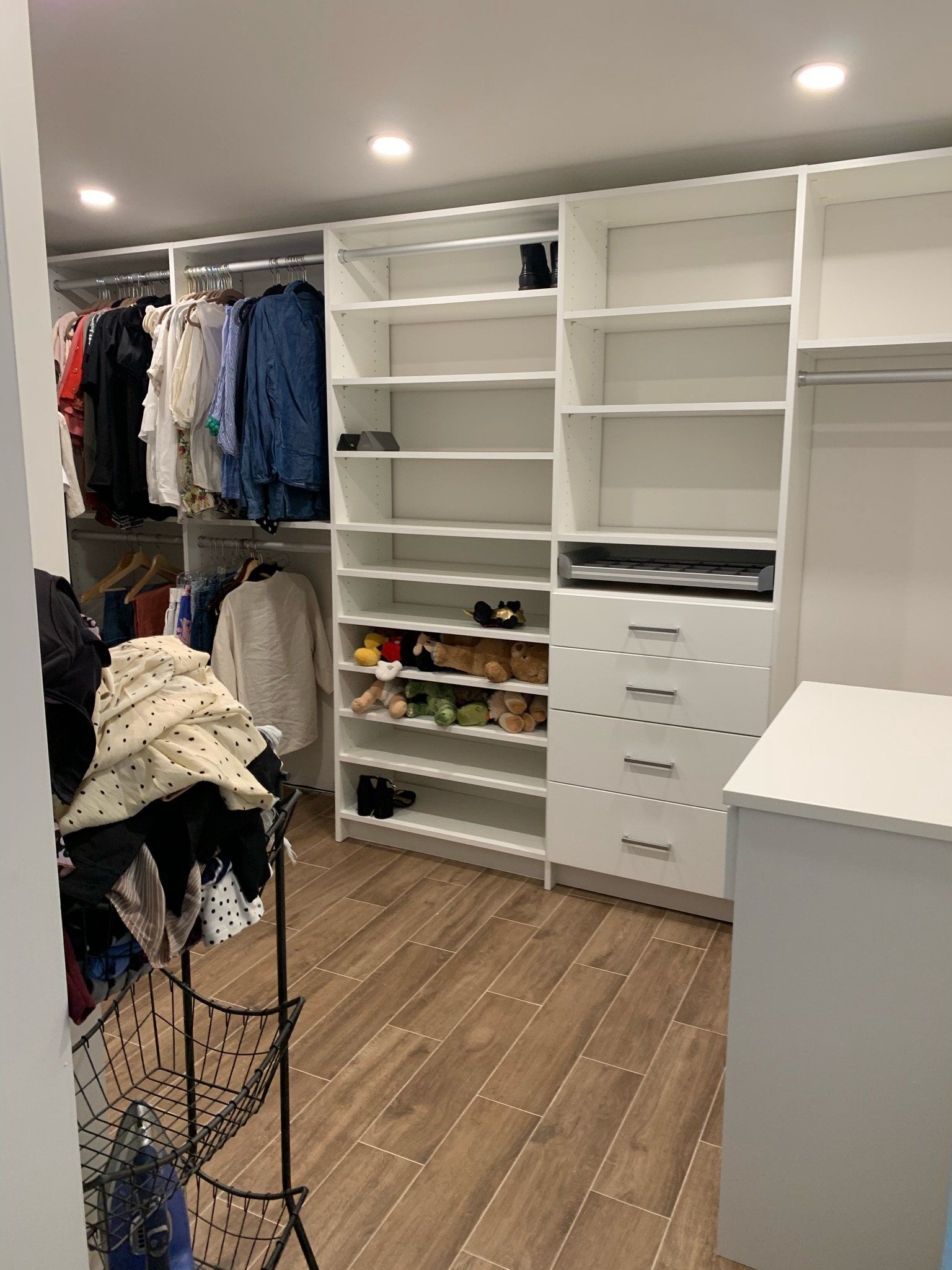 Modern White Closet System With Jewelry Organizer and Vanity Desk