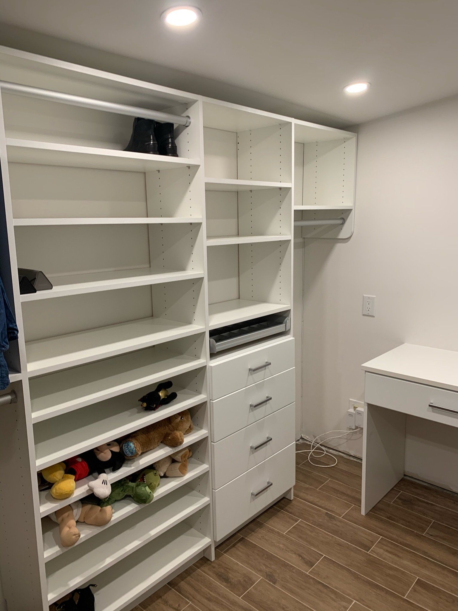 Modern White Closet System With Jewelry Organizer and Vanity Desk