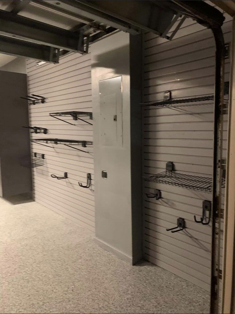 Custom Garage Cabinet System With Slatwall Organizers & Epoxy Garage Flooring