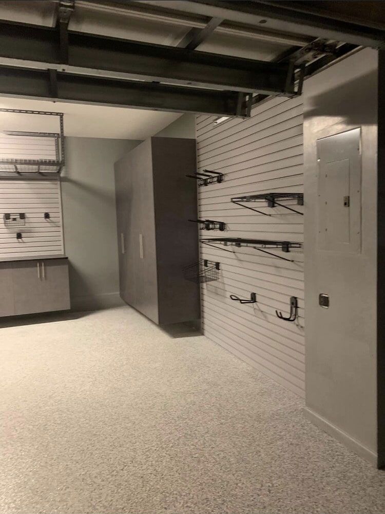 Custom Garage Cabinet System With Slatwall Organizers & Epoxy Garage Flooring