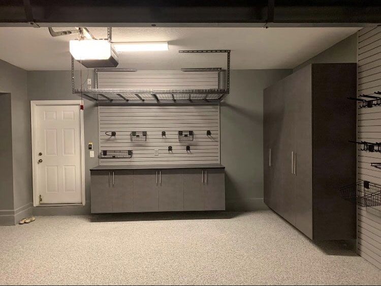 Custom Garage Cabinet System With Slatwall Organizers & Epoxy Garage Flooring