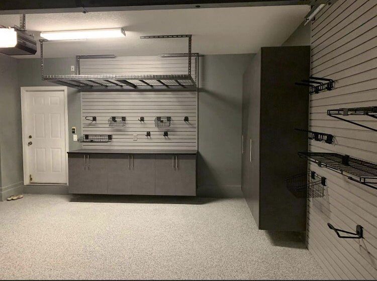 Custom Garage Cabinet System With Slatwall Organizers & Epoxy Garage Flooring