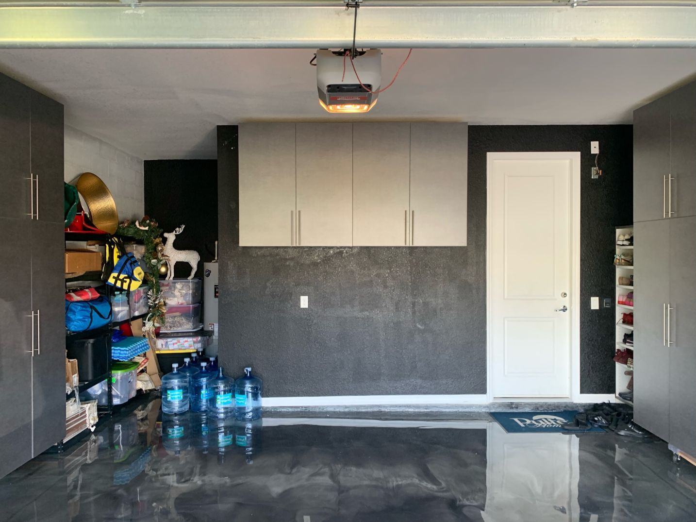 Pewter Garage Cabinets With Slatwall Organizer System and Epoxy Flooring
