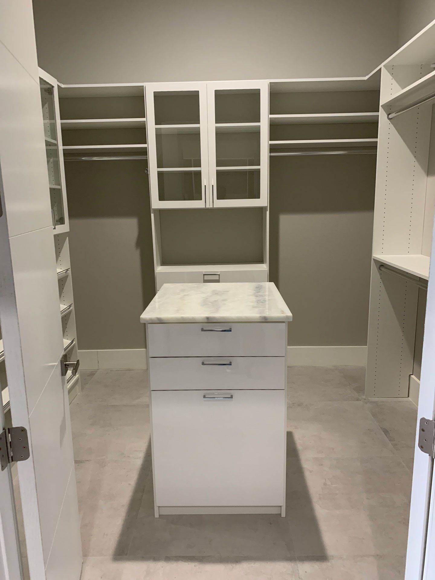 High Gloss Acrylic Closet System with Marble Top Island