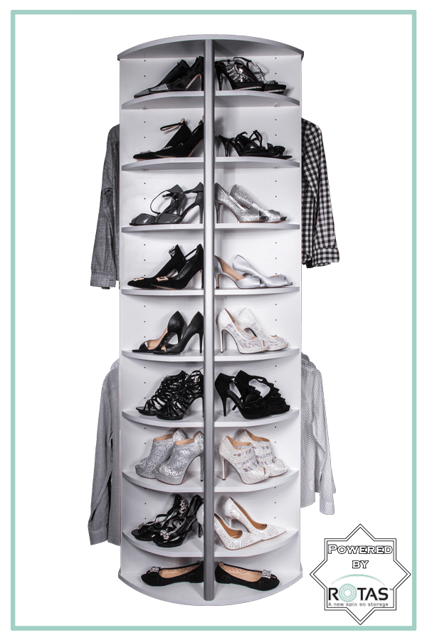 A shoe rack filled with shoes and clothes on a white background.