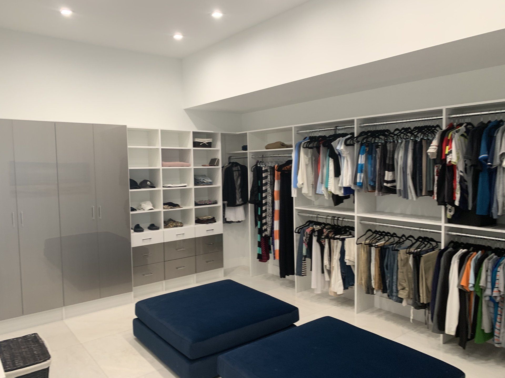 Custom Closet with Double Hanging Space, Drawers and Cabinets