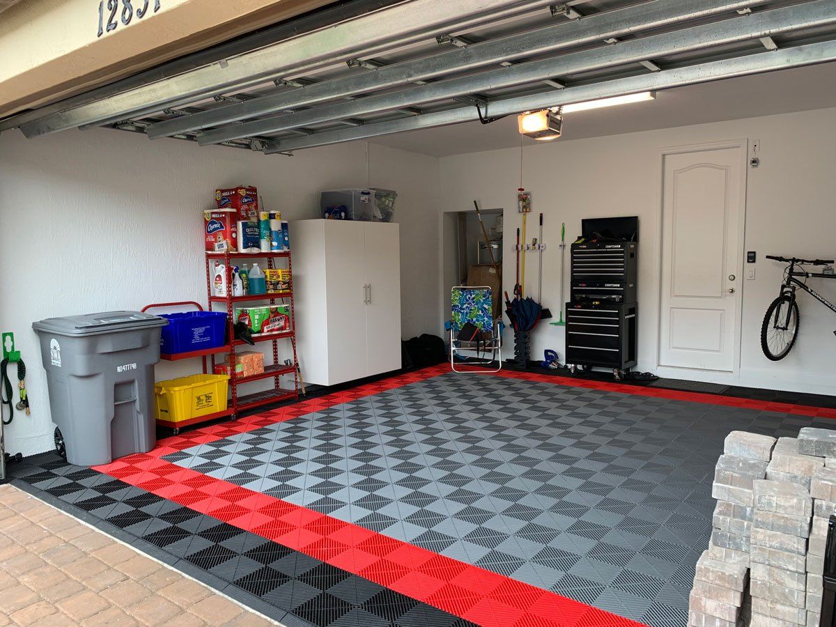 Swisstrax Garage Flooring & White Custom Garage Cabinets