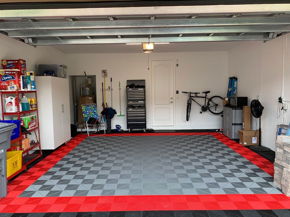 Swisstrax Garage Flooring & White Custom Garage Cabinets