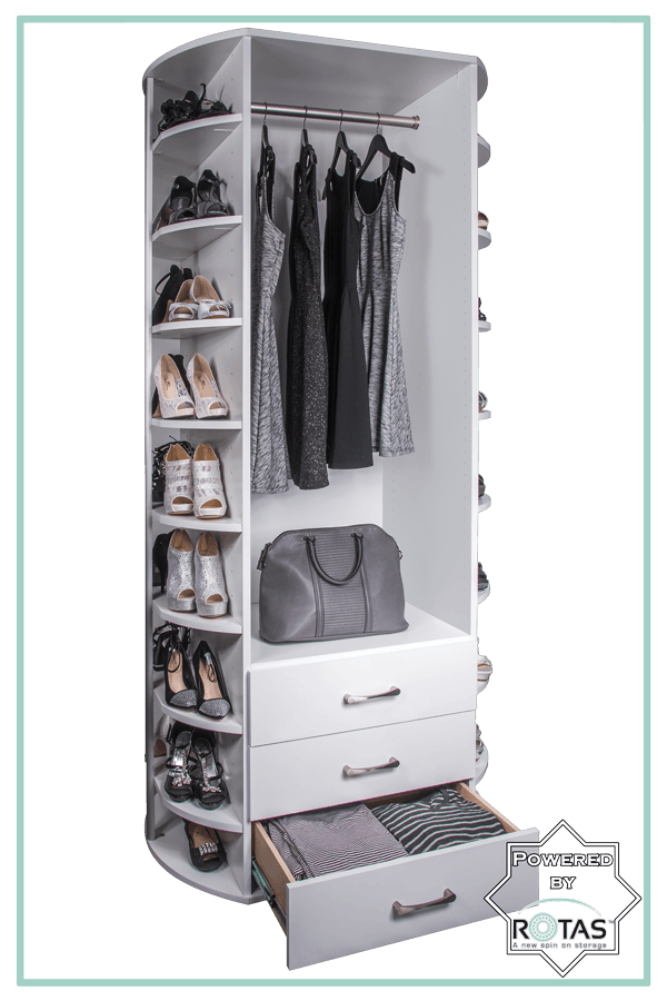 A closet filled with clothes , shoes , a purse and a drawer.