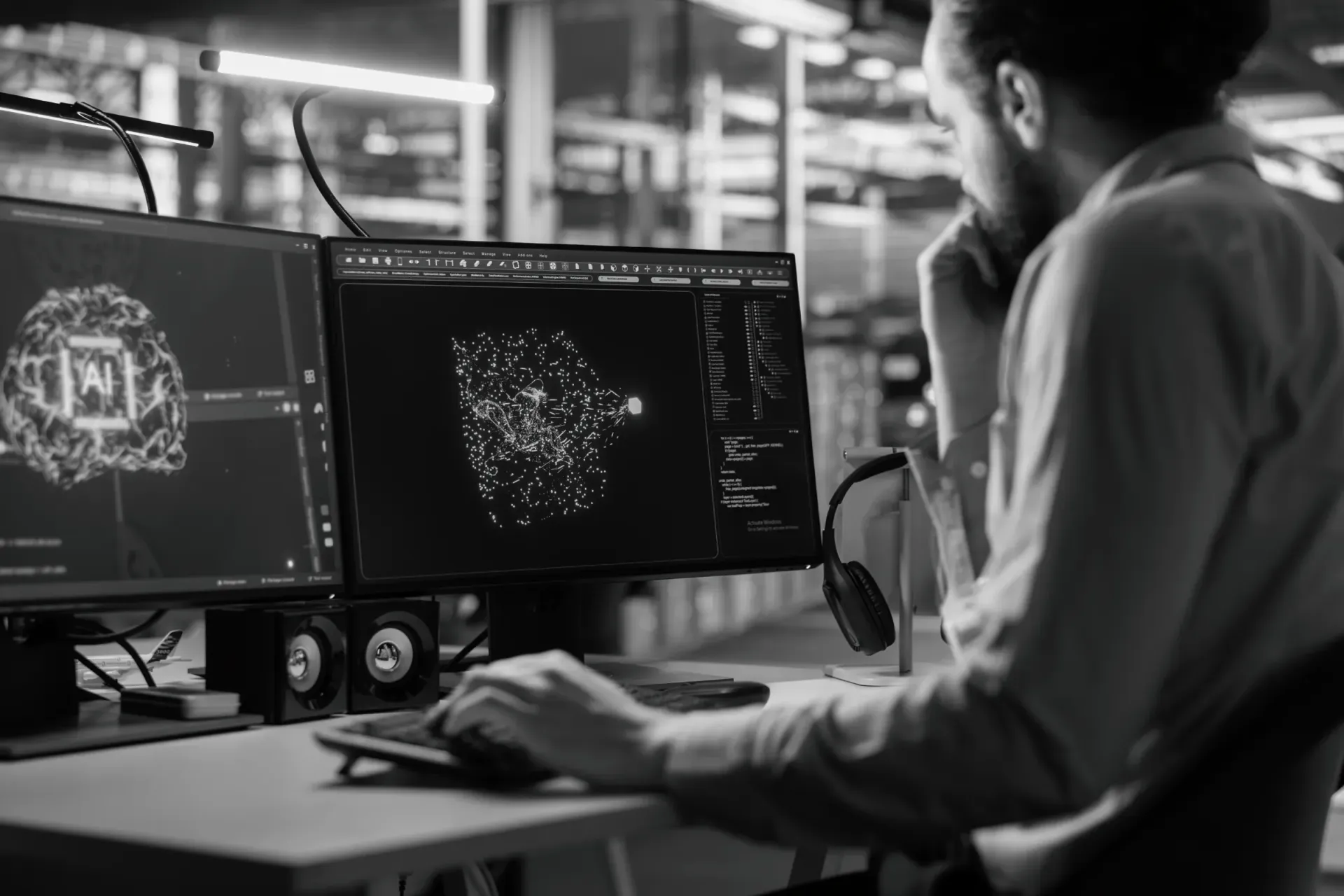 Man siting at a desk look it a computer screen working.