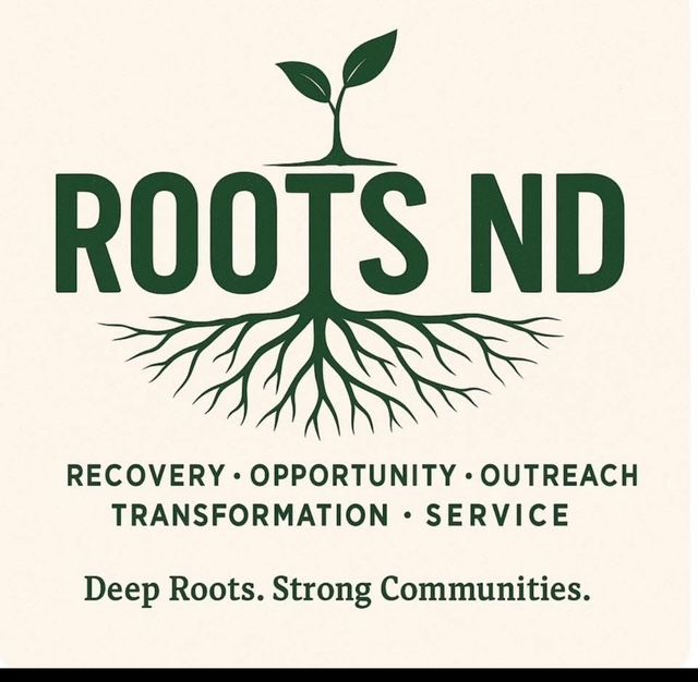 Logo for Roots ND: green text and illustration of a plant with roots and the words "Recovery, Opportunity, Outreach, Transformation, Service".