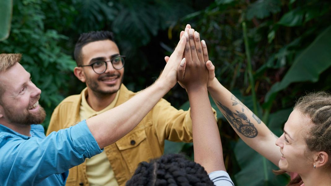 Group of people celebrating with a high five, smiling in a lush green outdoor setting.