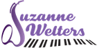 Logo met "Suzanne Welters" in paarse letters en een illustratie van een pianoklavier.