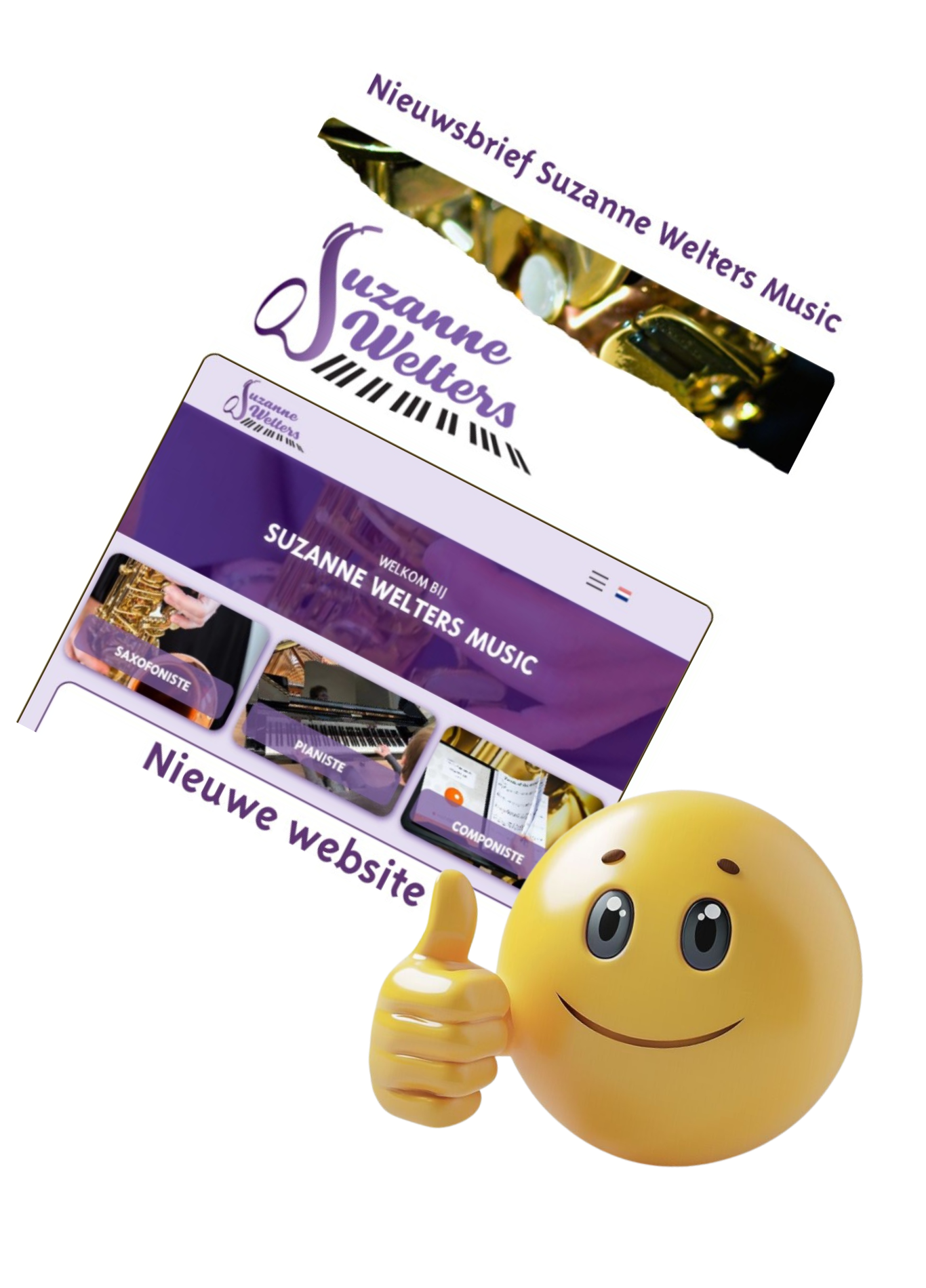 Een smiley met een duim omhoog naast de nieuwsbrief en website van Suzanne Welters Music. Paars en goudkleurig thema.