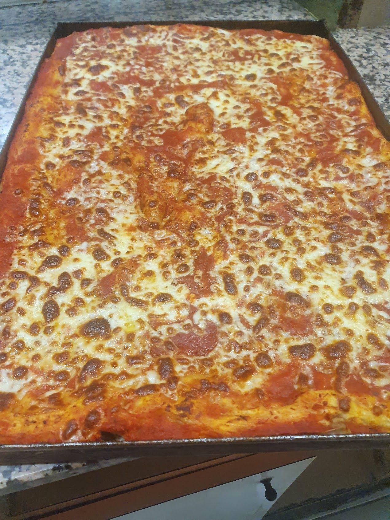 Una grande pizza ai peperoni è seduta su una padella sul bancone.