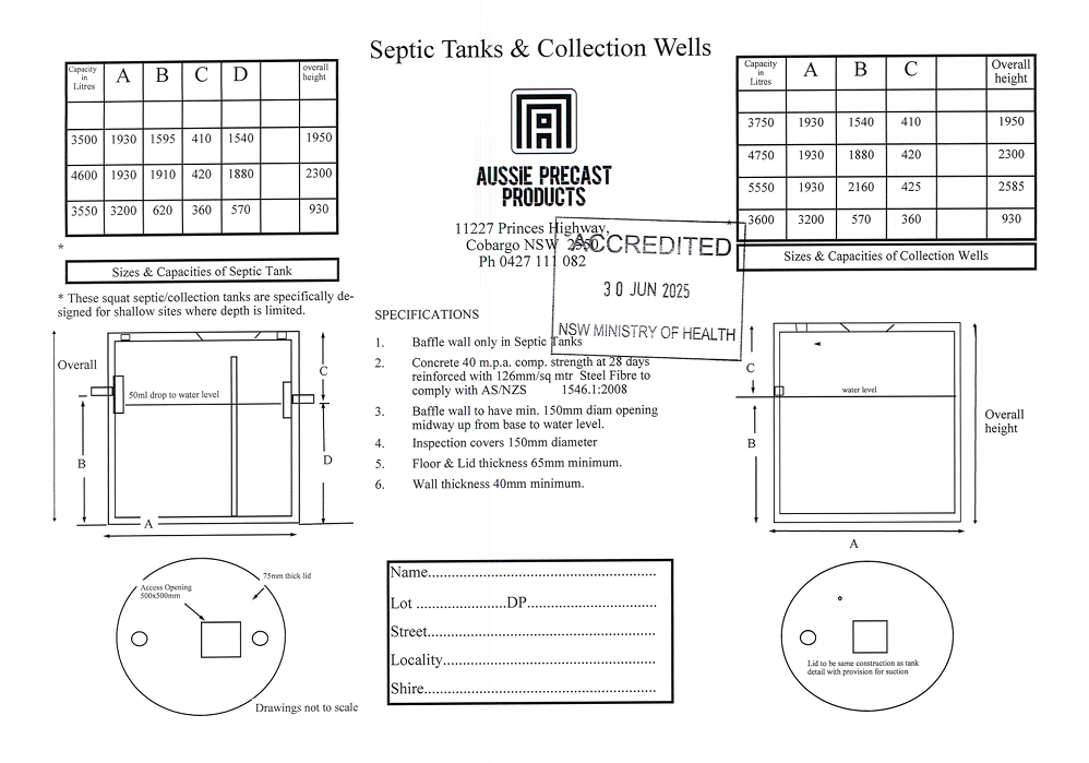A black and white brochure for septic tanks and collection wells