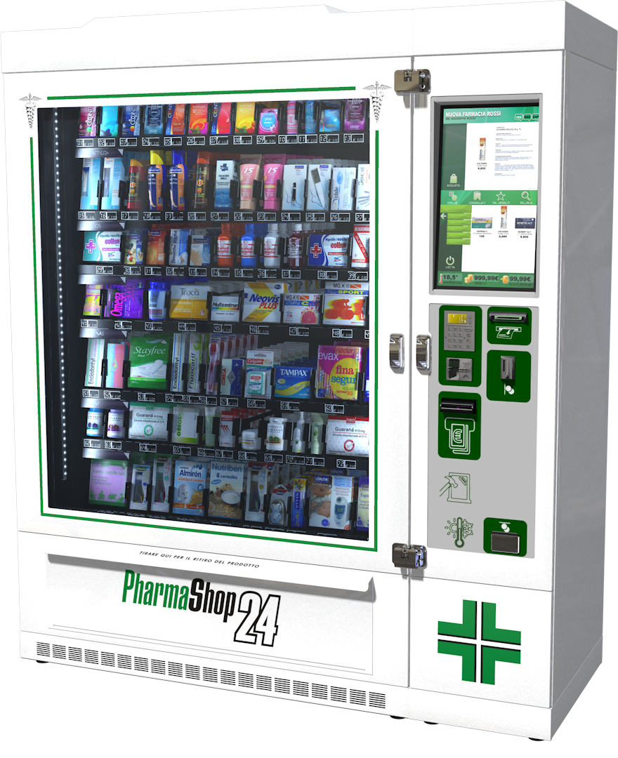 Distributore automatico di medicinali di colore bianco, dotato di pannello di pagamento touchscreen.