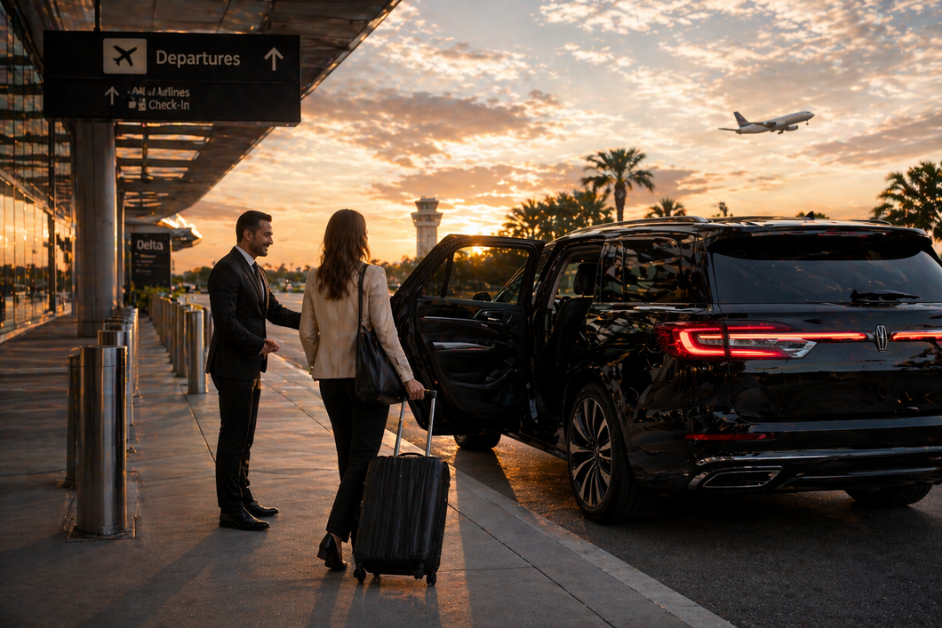 Travelers with luggage at an airport curb at sunset, beside a black SUV with open door.