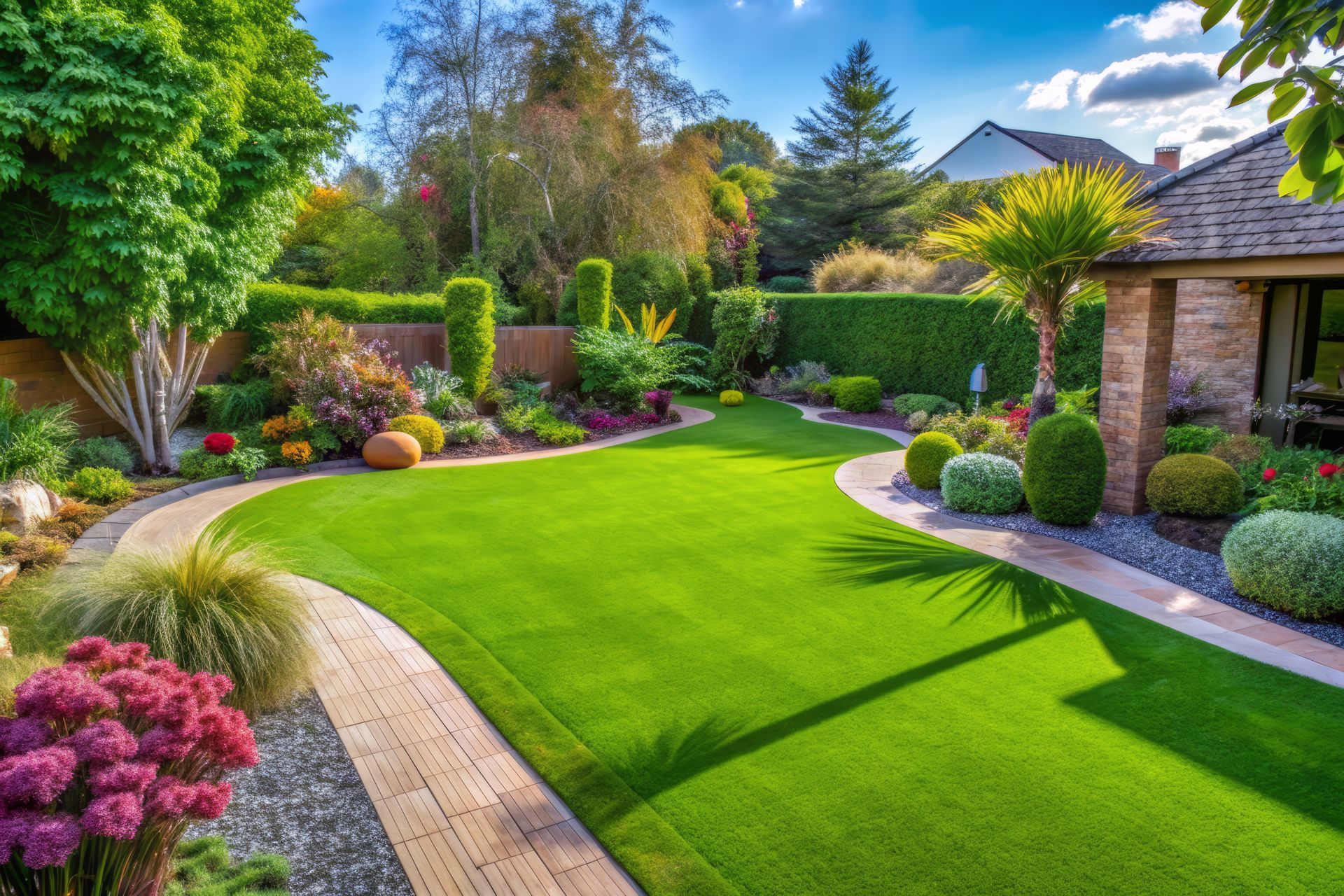 Lush landscaped backyard with bright green lawn, curved path, colorful flowers, and a house patio in sunlight