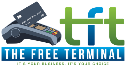 A logo for the free terminal with a credit card
