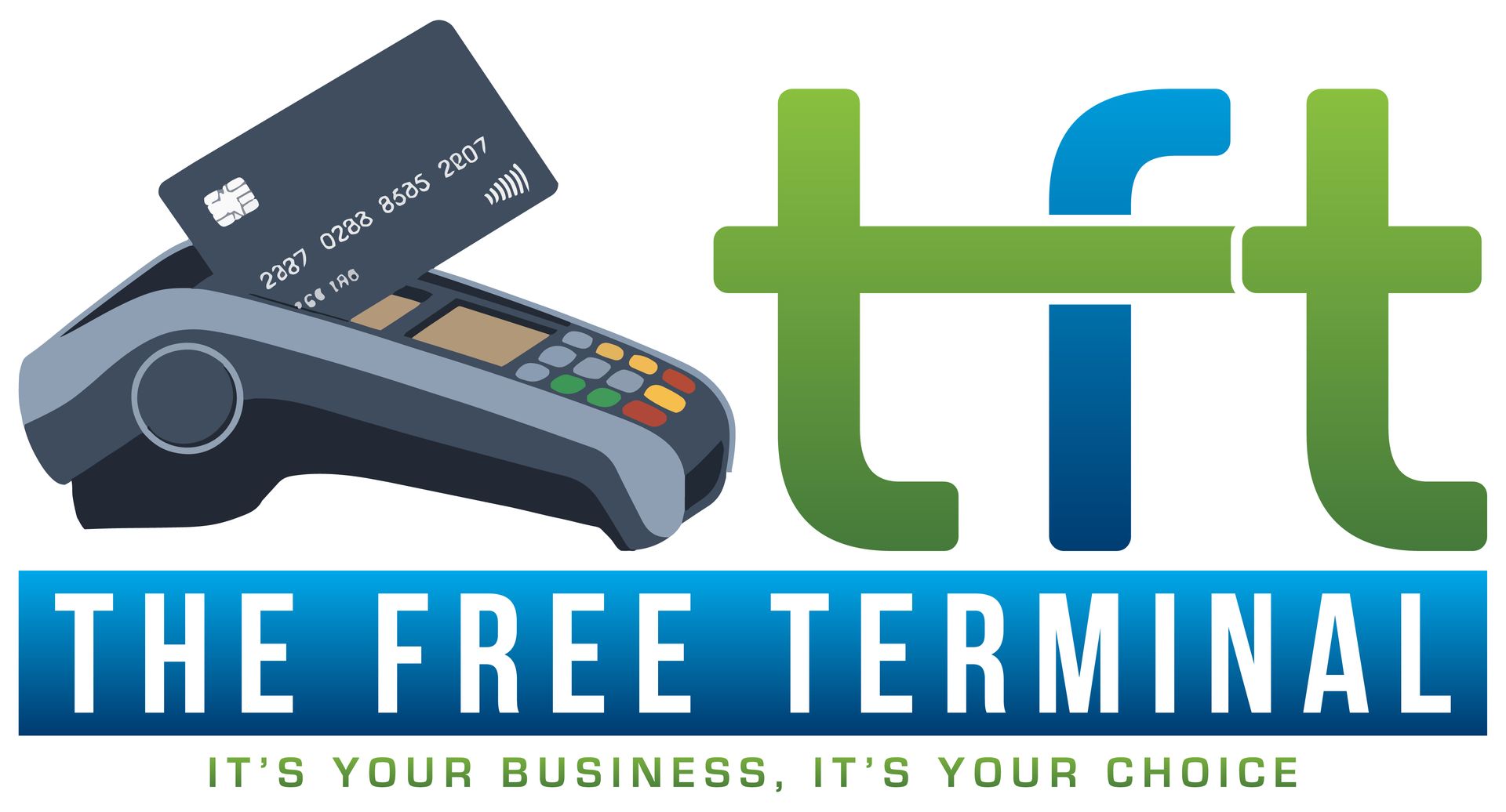 A logo for the free terminal with a credit card and a terminal