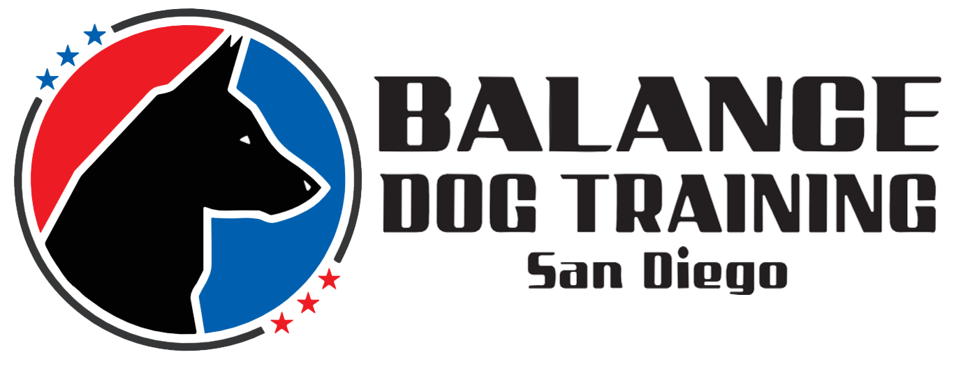 Logo for Balance Dog Training in San Diego, with a black dog silhouette in a red and blue circle, and text.