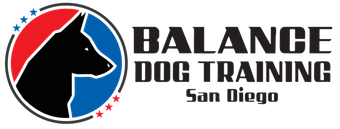 Logo for Balance Dog Training in San Diego, with a black dog silhouette in a red and blue circle, and text.